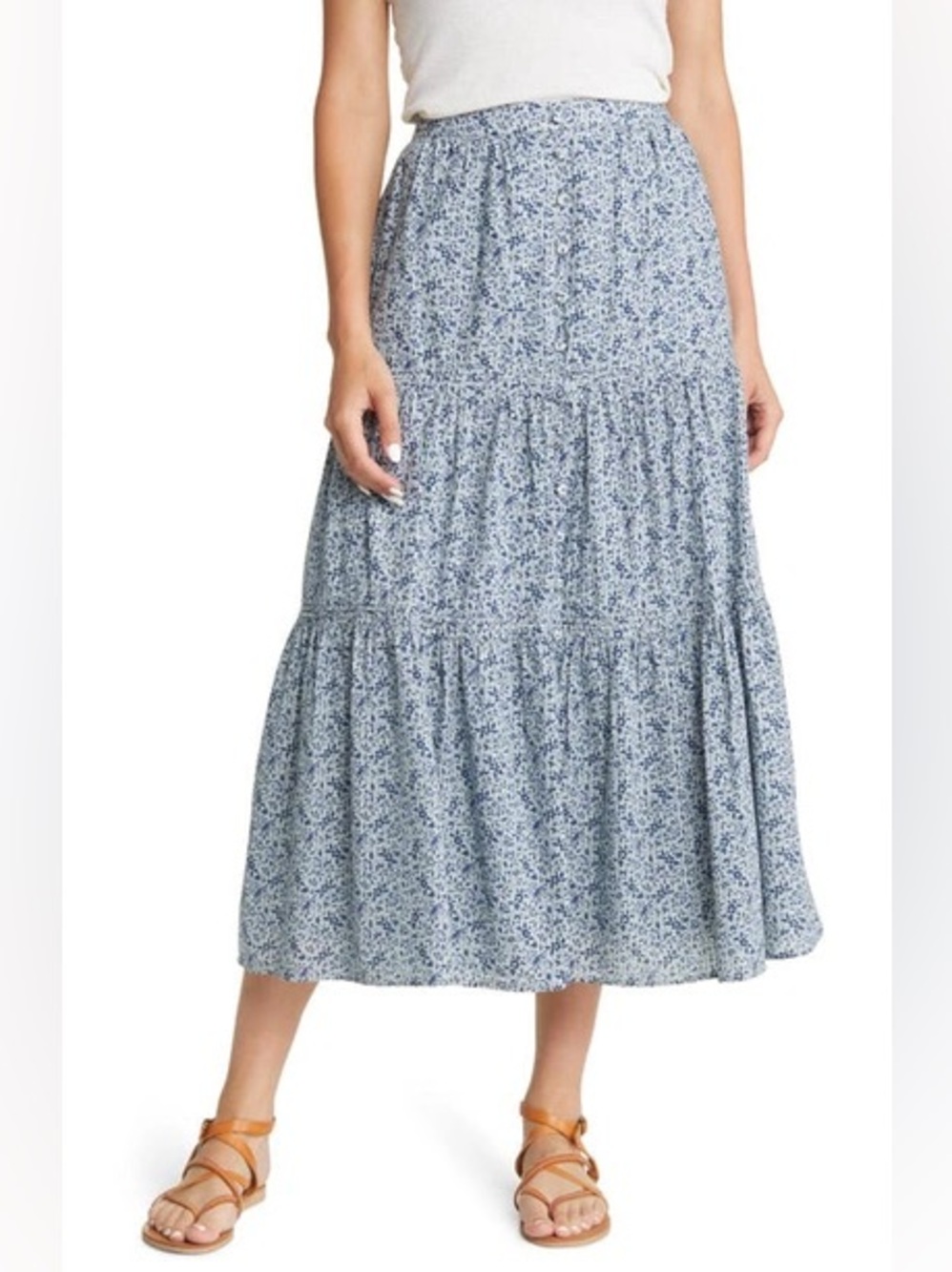 Madewell Blue Floral Midi Tiered Skirt